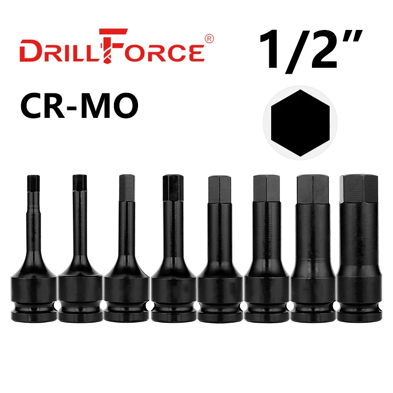 Drillforce 1/2" Drive Impact Hex Socket Bit H4/H5/H6/H7/H8/H9/H10/H11/H12/H13/H14/H15/H16/H17/H18/H19/H20/H21/H22/H24/H27/H30