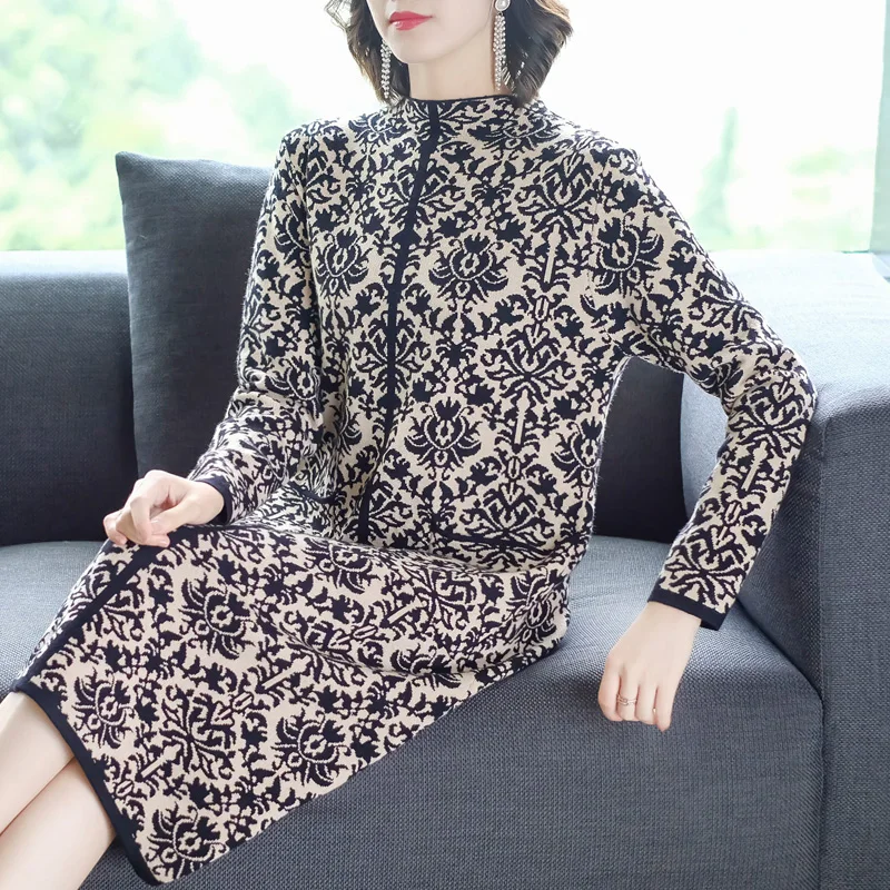 

Autumn Winter Vintage Women Floral Sweater Dresses 2022 Korean Long Sleeve Midi Dress Female Elegant Bodycon Vestidos