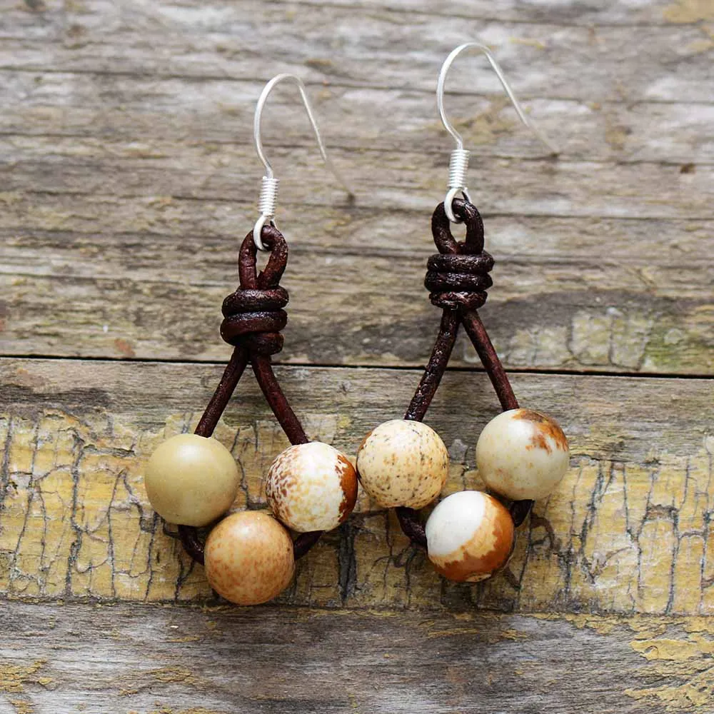 Женские серьги с натуральными камнями винтажные кожаные висячие дизайнерские