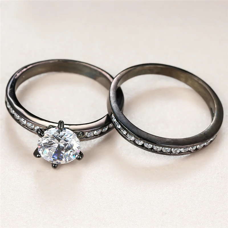 

Vintage Female White Crystal Stone Ring Set Charm Black Gold Wedding Rings For Women Promise Small Round Zircon Engagement Ring