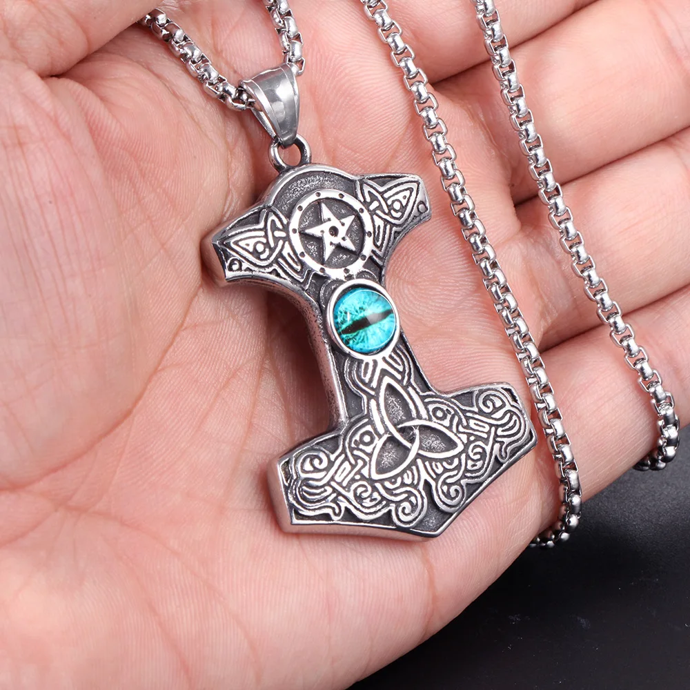Stainless steel Viking Thunder's hammer pendant necklace men's vintage Cat eye stone titanium chain | Украшения и