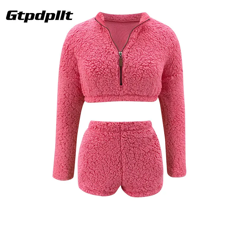 

Gtpdpllt Casual Plush Two Piece Set Long Sleeve Women Tops And Shorts Tracksuit Women Clothes Knit Sets Christmas Sweatsuits