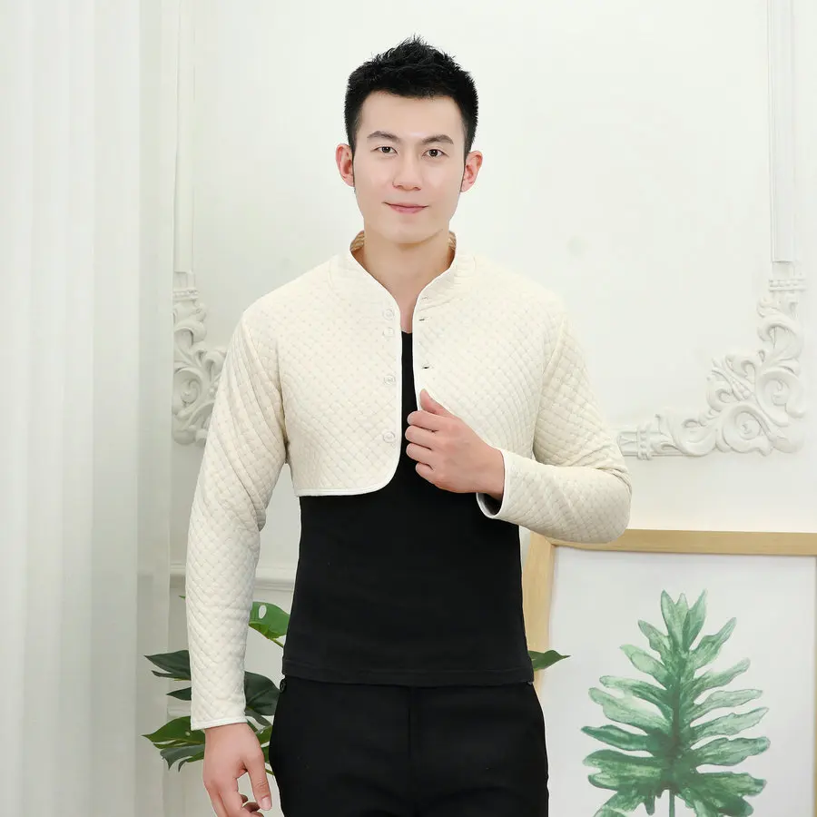 Autumn Winter Men Quilted Bolero Coat Beige Gray Mandarin Collar Long Sleeve Cotton Soft Thicken Lightweight Shoulder Pad Jacket