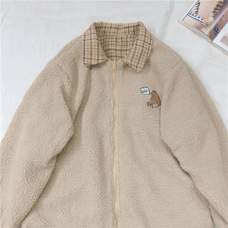 

Women's Jacket Coat Embroidery Bear Thicked Outerwear Cardigan Jackets Female Harajuku Long sleeve korean Tops Oversize Clothing