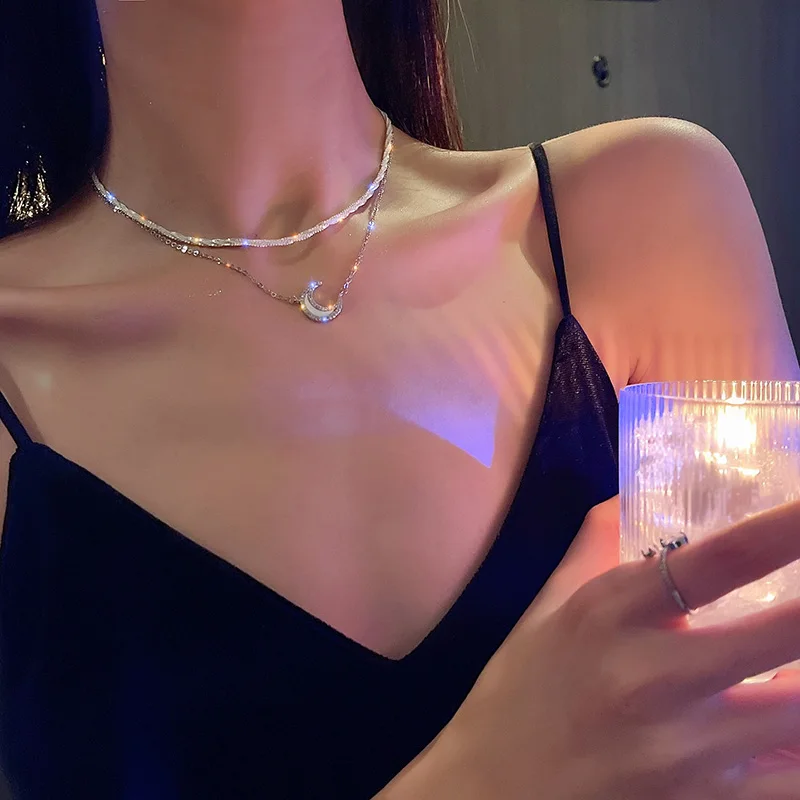 

Cy Double-Layer Moon Non-Fading Sterling Silver Light Luxury Minority Design Sense Advanced Clavicle Chain New Fashion