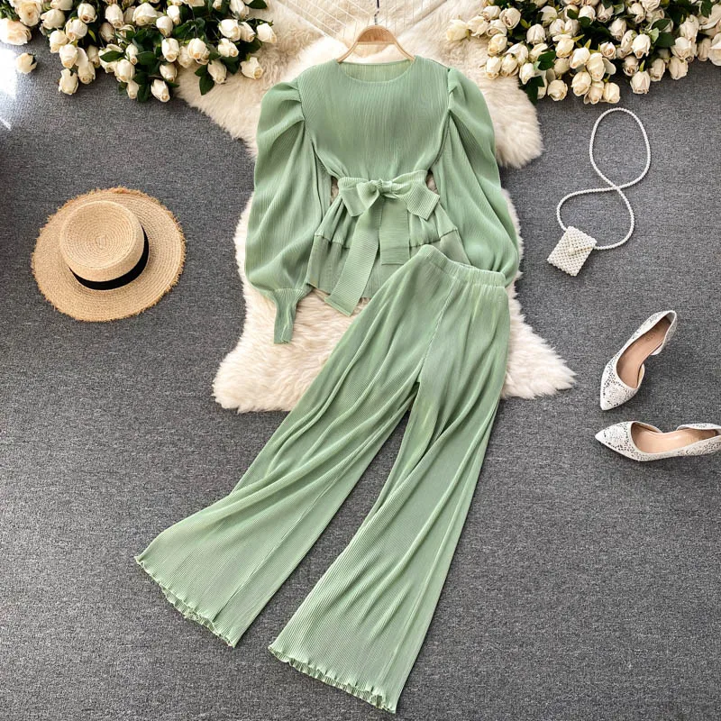 

Summer Elegant Women Purple Pant Suits 2021Spring Solid Puff Sleeve Top Pleated Chiffon Wide-Leg Pants 2 Piece Set Female Outfit