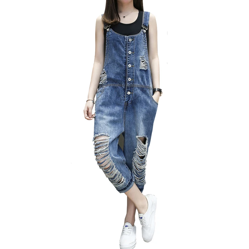 monos mujer 2023 Spring Autumn Women Ripped Hole Denim Loose Jumpsuits And Rompers Single-breasted Overalls