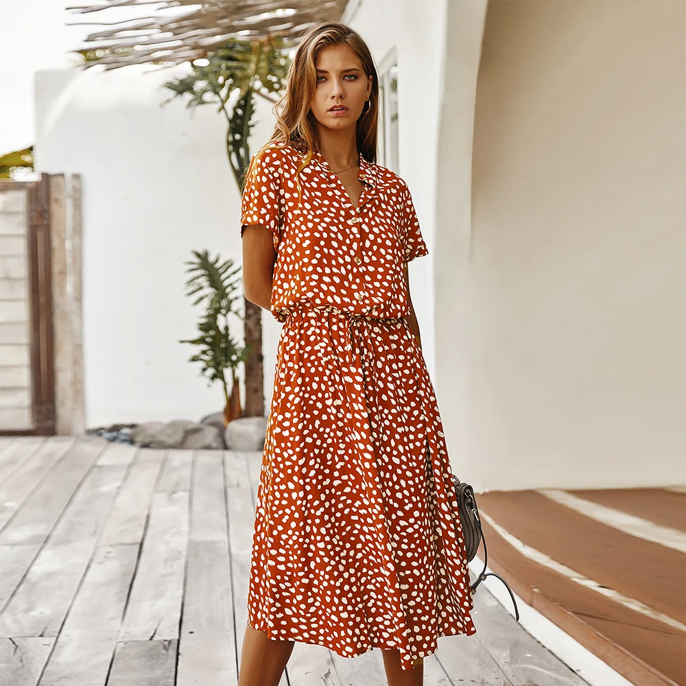 

2021 New Summer Vintage Women Dresses Elegant Floral Print Casual Dress High Waist Sexy V Neck Short Sleeve Bohemian Shirt Dress