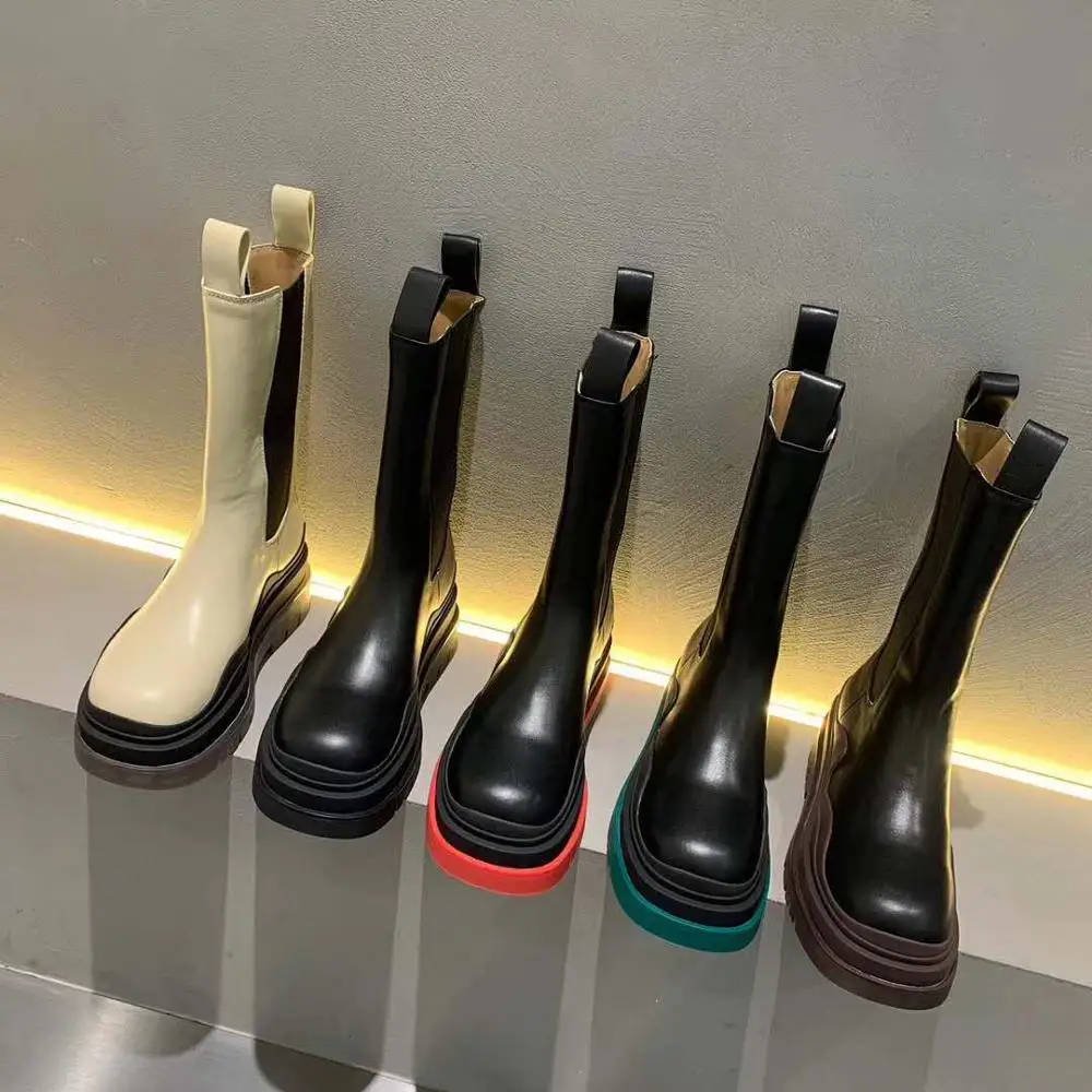 

vallu 2020 autumn and winter new style thick bottom unique line leather fight rubber band daily casual wild fashion high