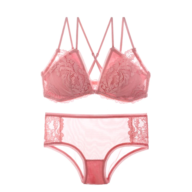 Pink CINOON, комплект из бюстгальтера и трусиков с французским кружевом спереди, женский сексуальный комплект нижнего белья, бюстгальтер без косточек с вышивкой - Цвет: Pink