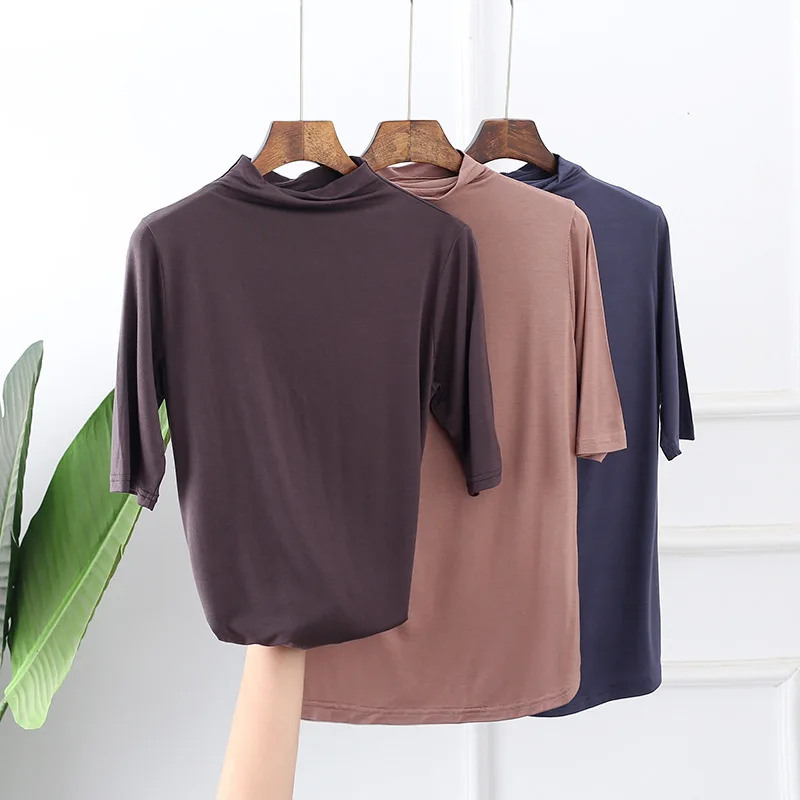 

2021 thin half-high collar mid-sleeve top women's spring modal plus size five-point sleeve T-shirt bottoming shirt slim fit