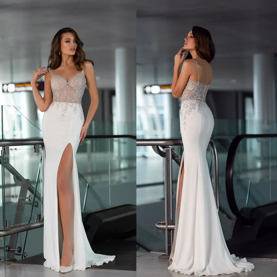 

Свадебное платье с v-образным вырезом, без рукавов, с разрезом по бокам, Кружевная аппликация свадебная одежда на заказ, свадебное платье с о...