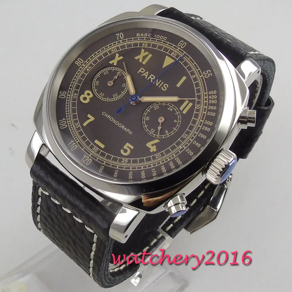 44 мм parnis коричневый циферблат твердый корпус секундомер часы Полный Хронограф