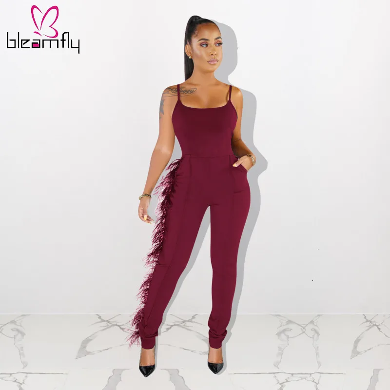 Сексуальные облегающие комбинезоны с кисточками и перьями 2019 без рукавов