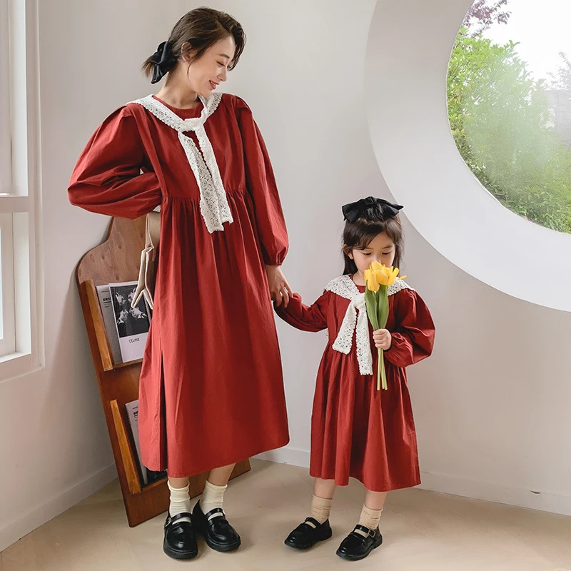 Платье для родителей и детей однотонное свободное платье с длинным рукавом