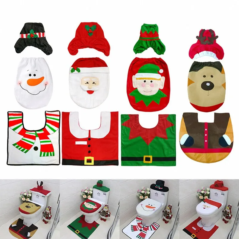 

3-Piece Christmas Toilet Seat Tank Lid Cover Floor Rug Mat Set Decorations Bathroom Snowman Elk Santa Claus Elves Decor Supplies