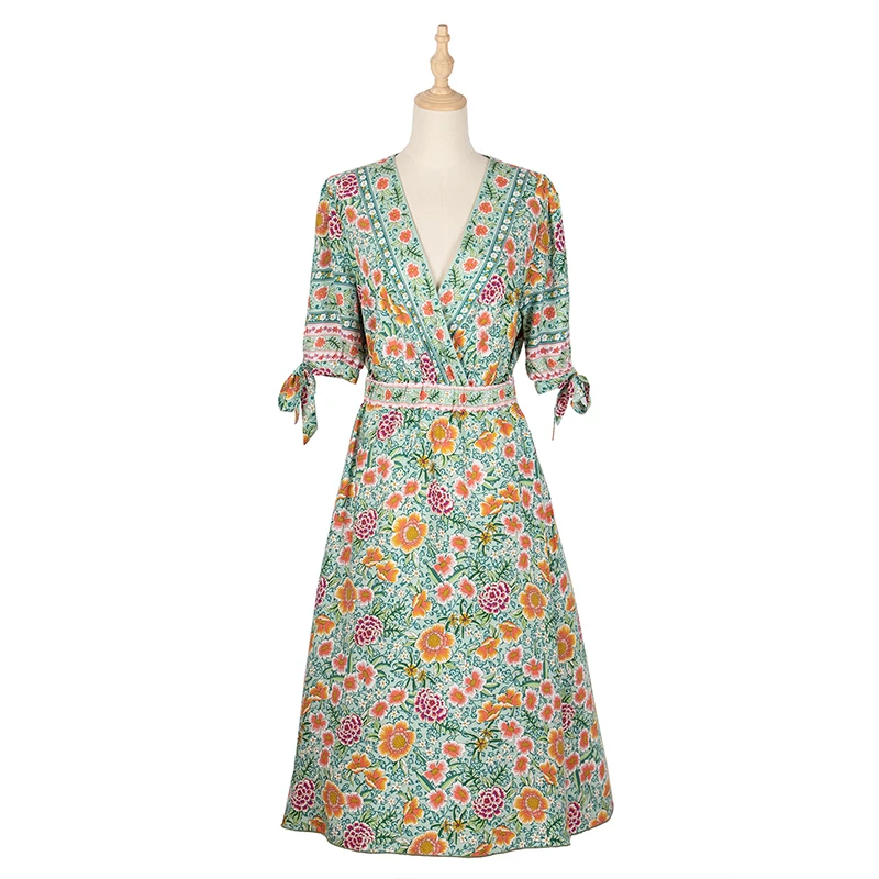 

Women Printed Floral Short Sleeve Dress 2021 Summer Casual Loose V-neck Ladies Mid Length Dress Holiday Party Dresses
