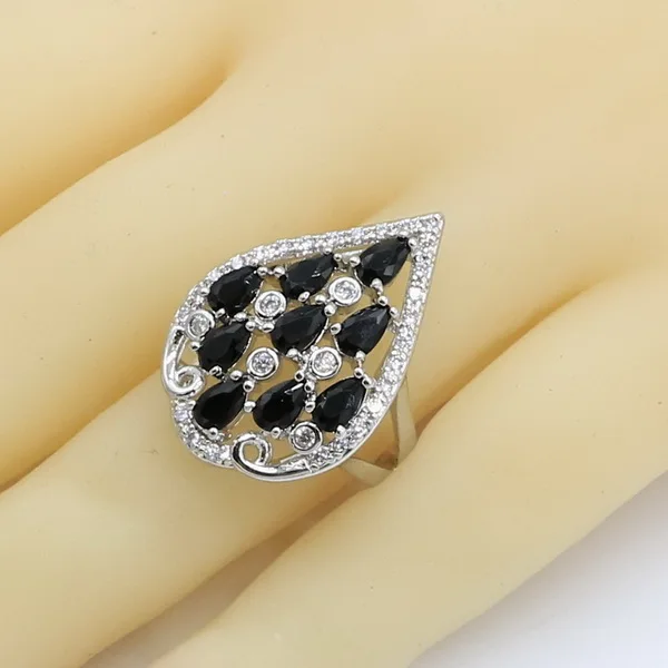 Black White Zircon 925 Silver Wedding Jewelry Sets for Women with Bracelet Earrings Necklace Pendant Ring Gift Box - Окраска металла: Ring