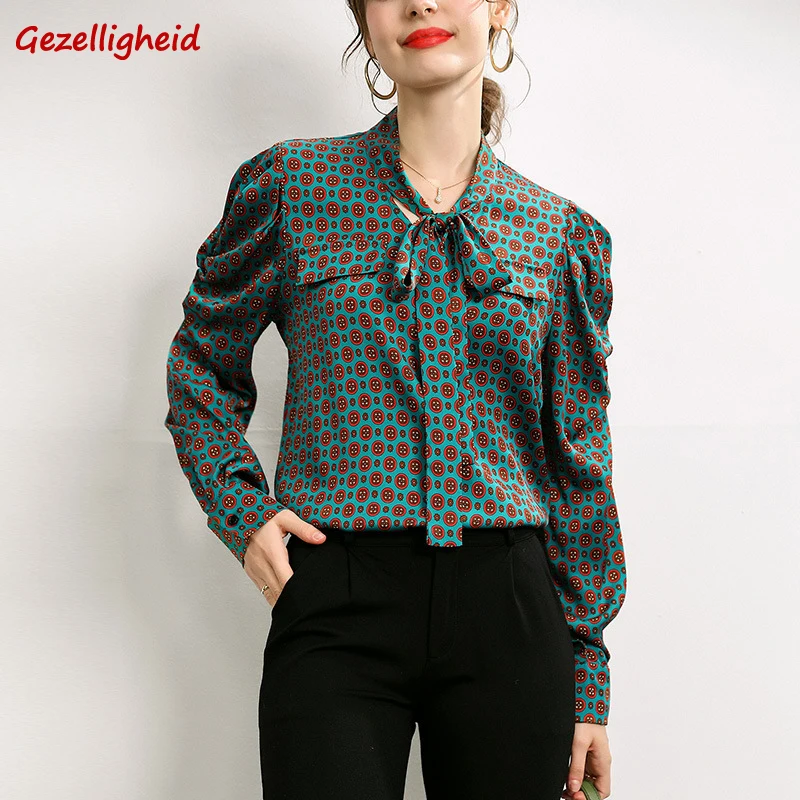 

Gezelligheid Silk Tops For Women 2021 Summer Fashion V Neck Blouses Elegant Print Loose Green 100% Natural Mulberry Silk Shirt