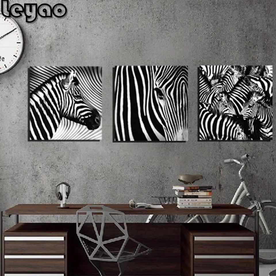 

Triptych Handmade diamond painting 3 Pieces Zebras Animal black white art 5d diamond embroidery Painting home Decor