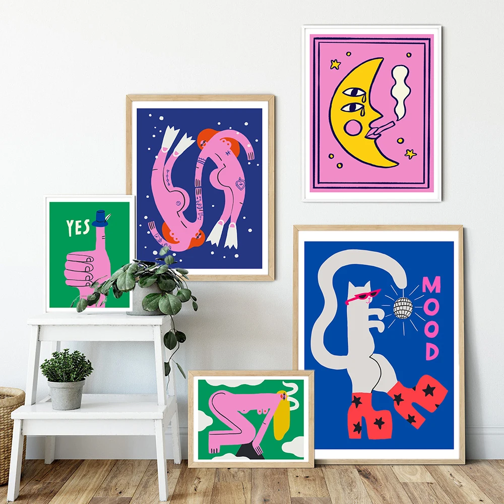

Cartoon Cat Mood Pisces Aries Poster Print Abstratc Body Moon Lady Wall Art Pictures for Kid Bedroom Nordic Decor Canvas Cuadros