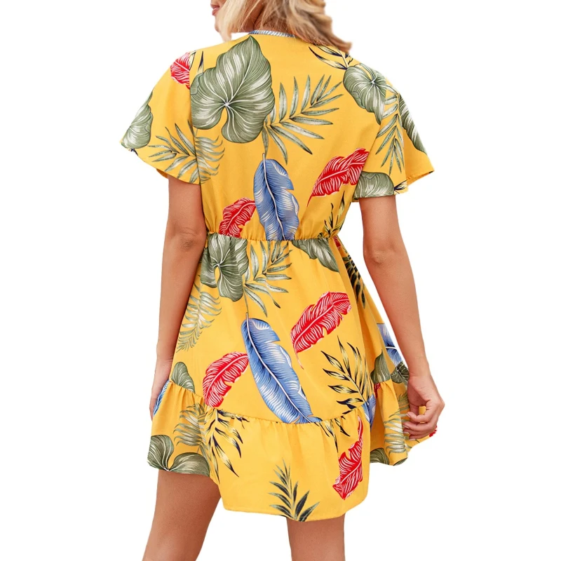 

ROPALIA Women Fashion Printing Short Sleeve Dress V-Neck Summer Floral Dresses Lace Up Female Sexy Beach Dress