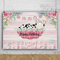 laeacco pink wooden boards cartoon cow backdrop for photography child baby happy birthday floret customized poster photostudio