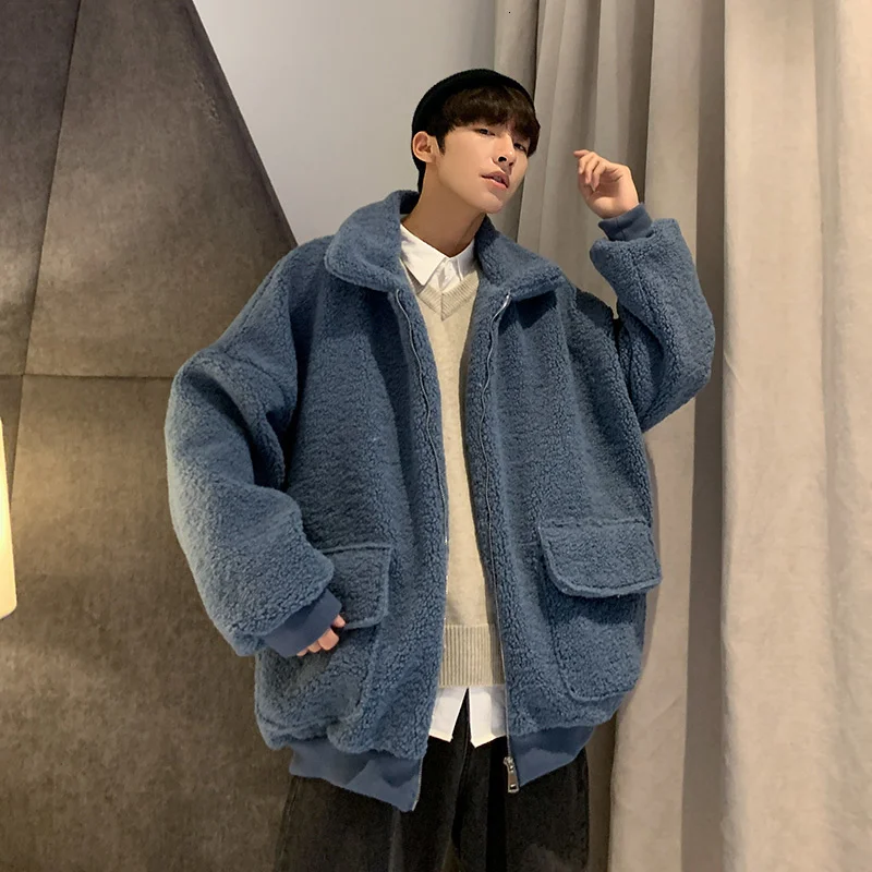 Мужская зимняя куртка оверсайз из овечьей шерсти однотонная в Корейском стиле