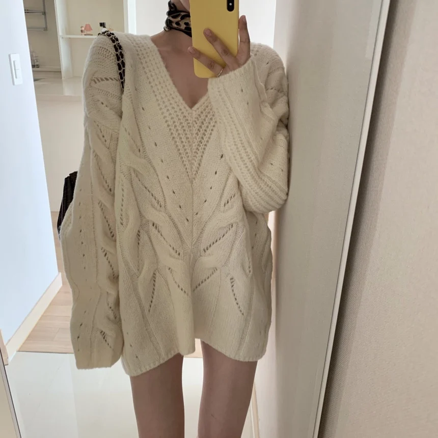 

V-Neck Knitted Sweater Women Twisted Hollow Out Knitwear Pullovers Vintage Harajuku Long Sleeve Elegant Jumpers Oversized Z915