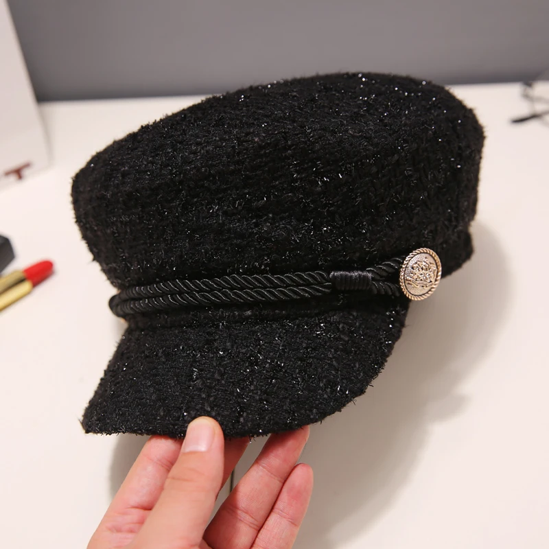 Модная твидовая блестящая военная шапка на пуговицах весна осень матросские