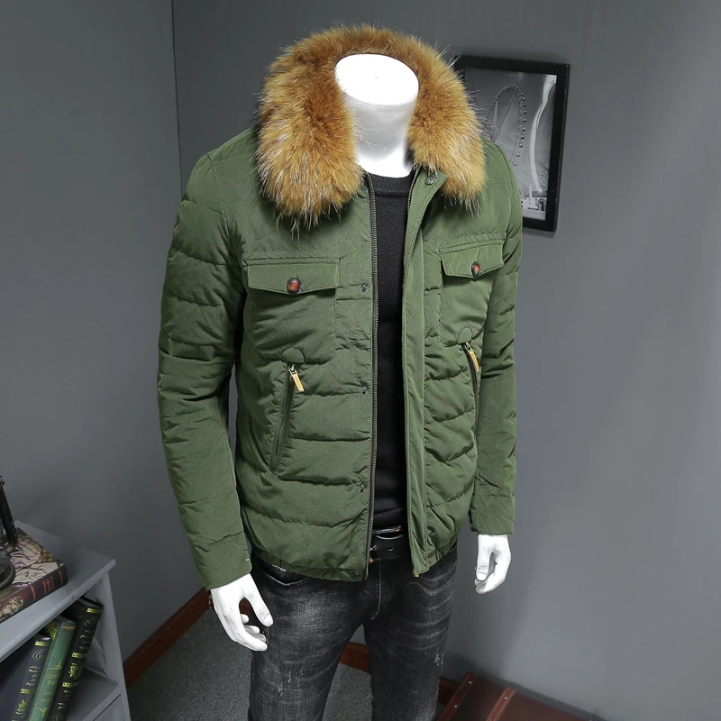 

2018 winter men's Japanese style multi-pocket corduroy large fur collar down jacket