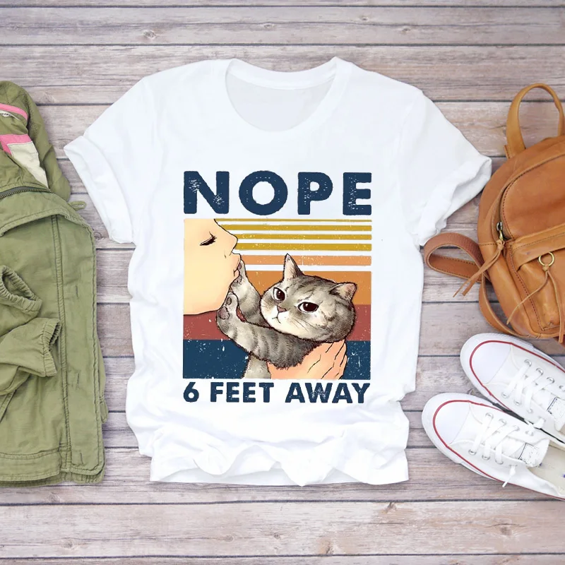 

Women Cartoon Cat Funny Striped Short Sleeve 90s Print Lady T-shirts Top Womens Graphic T Shirt Ladies Female Tee T-Shirt
