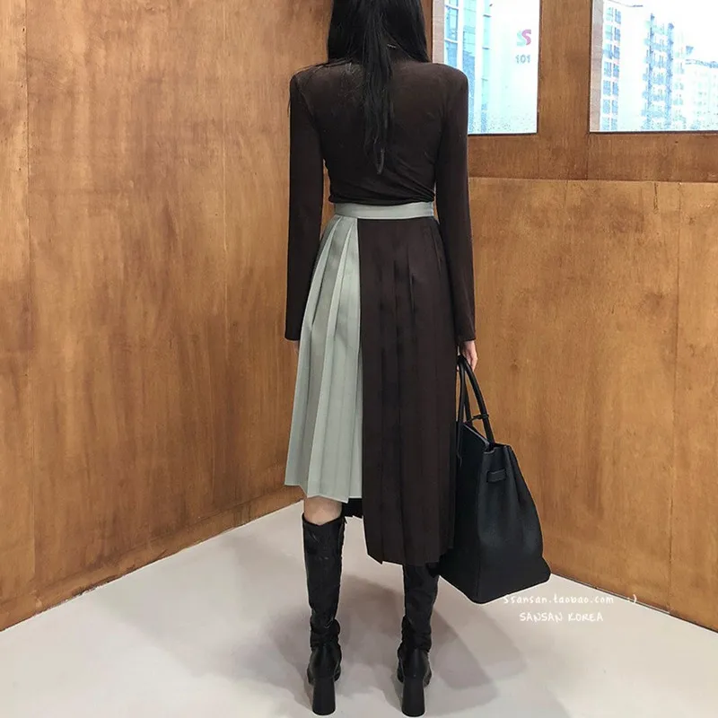 

New 2020 Spring Vintage Women Pleated Skirts Patchwork Color High Waist Asymmetrical A-line Skirts Female Work Wear Elegant