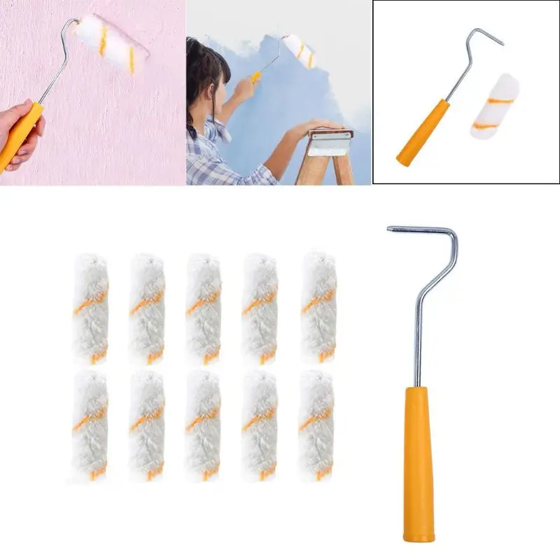 

10Pcs Yellow Stripe Brush Wall Paint Roller 4 Inch 100Mm Professional Handle Tool Replaceable Home Wall Paint Tools Set Kit