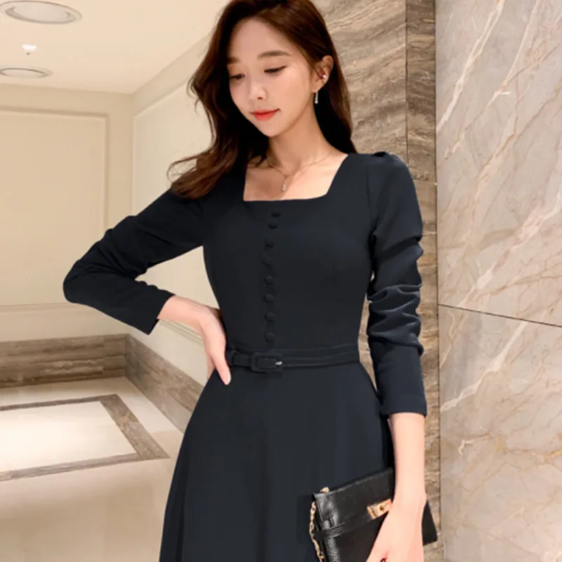 

Spring High Quality Korean Style Solid Color A-line Dress Women OL Office Wear Dresses Square Collar belt fashion Dress Vestidos