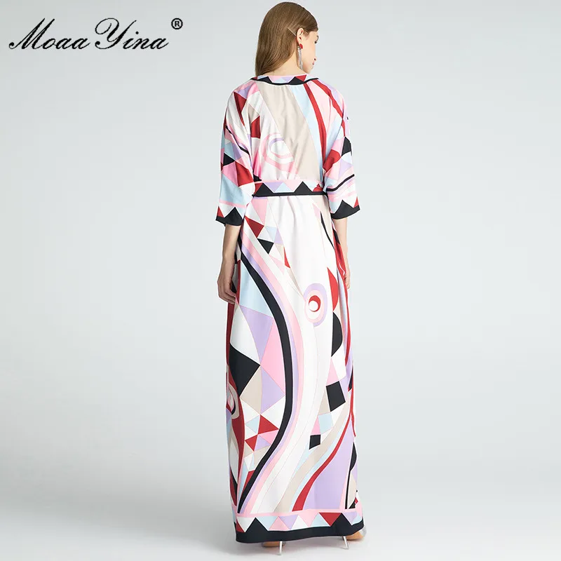 

MoaaYina Fashion Designer dress Autumn Women's Dress Batwing Sleeve Geometric Print Loose Maxi Robe lace-up Dresses