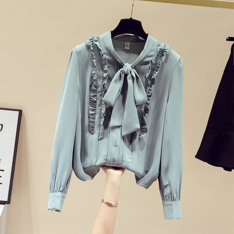 

2021 Spring New Chiffon Blouse Ruffles Bow Office Ol Blouse Women Long Sleeve Loose Button Up Shirt Female Tops Camisa De Mujer