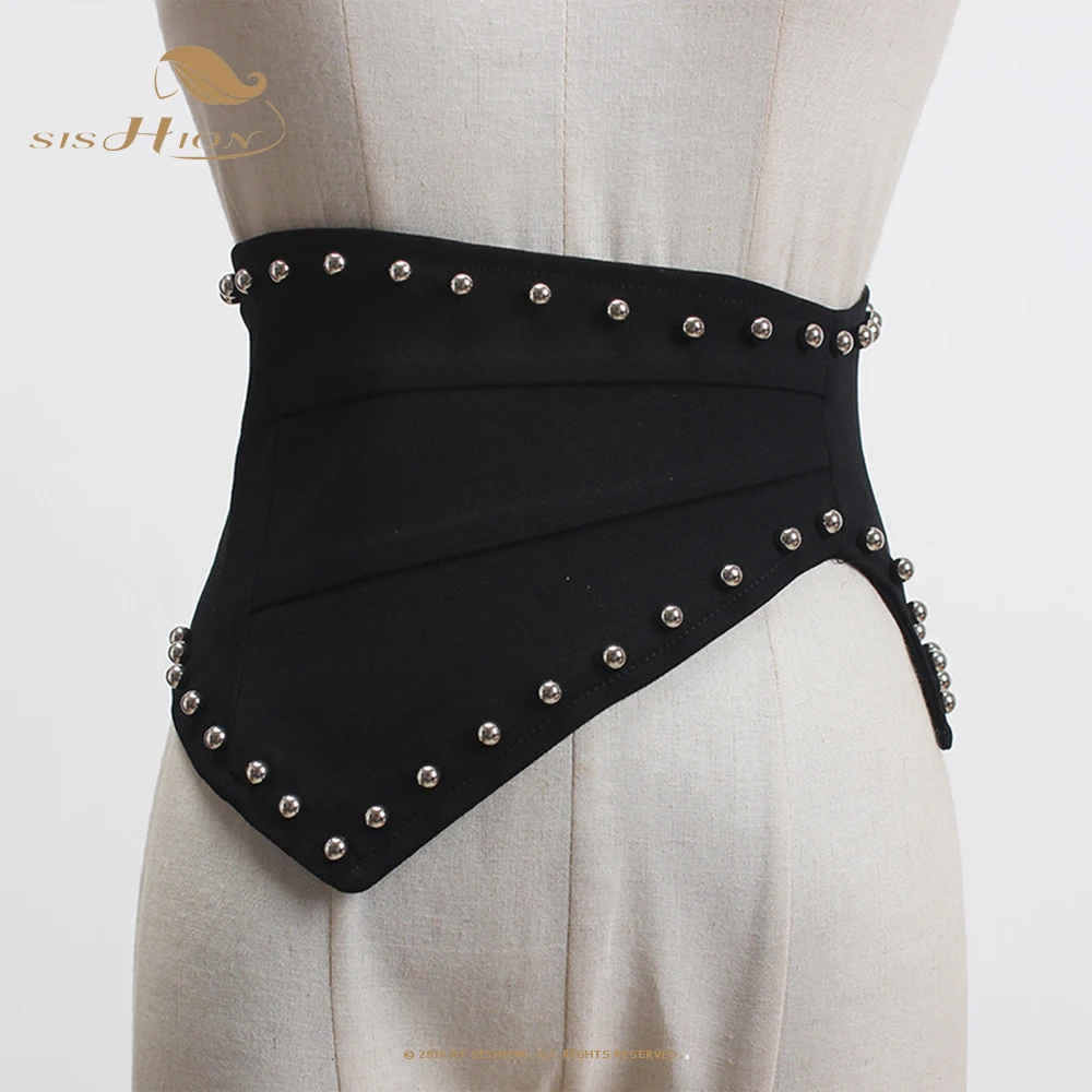 Women Cummerbund Rivet Retro Womens Elastic Goth Belts VD2647 Black Wide Belt for Dress Fashionable Elastic Waistband Gorset
