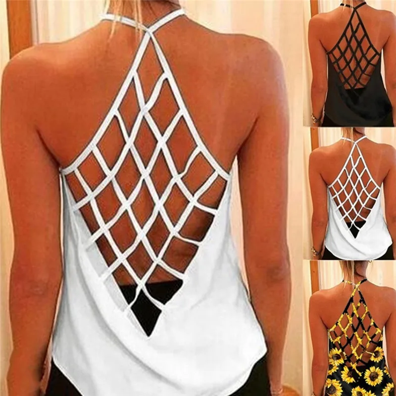 

2021 Women's Camisole & Tanks Solid Sleeveless Tops Backless Hollow Out Open Back Cool Loose Top Sexy Vest Camis