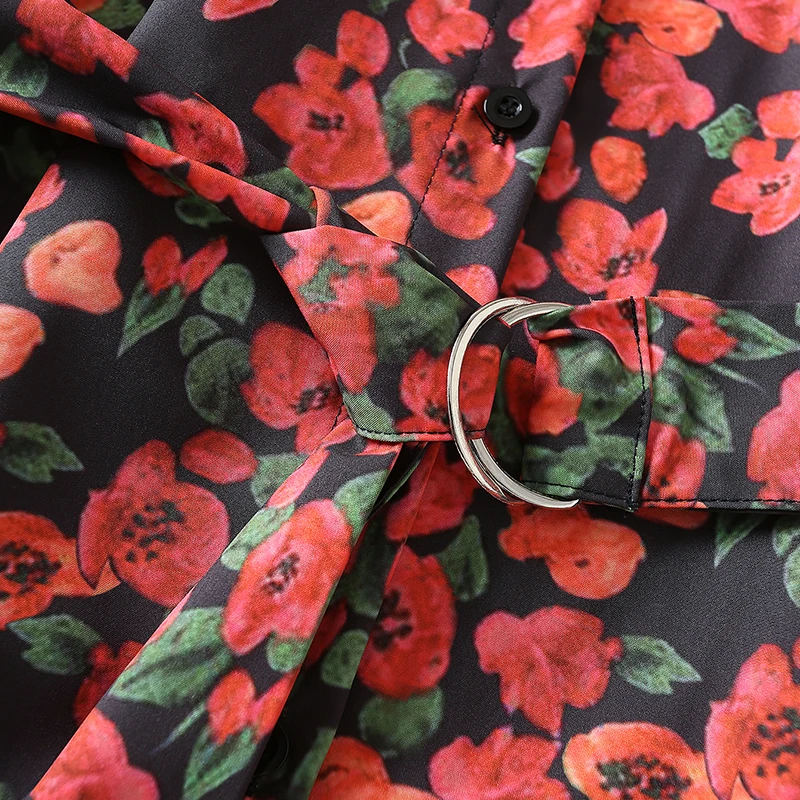 

High quality ladies spring and autumn floral print dress fashion sweet long dress long sleeve belt prom dress