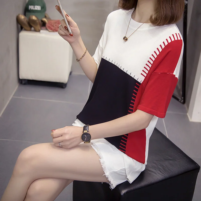2020 Women Loose Pullovers Patchwork Sweater Large Plus Size Female Summer Thin Kint Oversize Big top cloth | Женская одежда