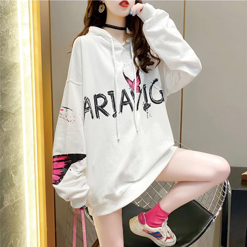 

2021 CN Sweatshirt Women Autumn Winter Korean Casual Mid Length Fleece Thick Hoodies O Neck Oversized Print Hooded Sweatshirt