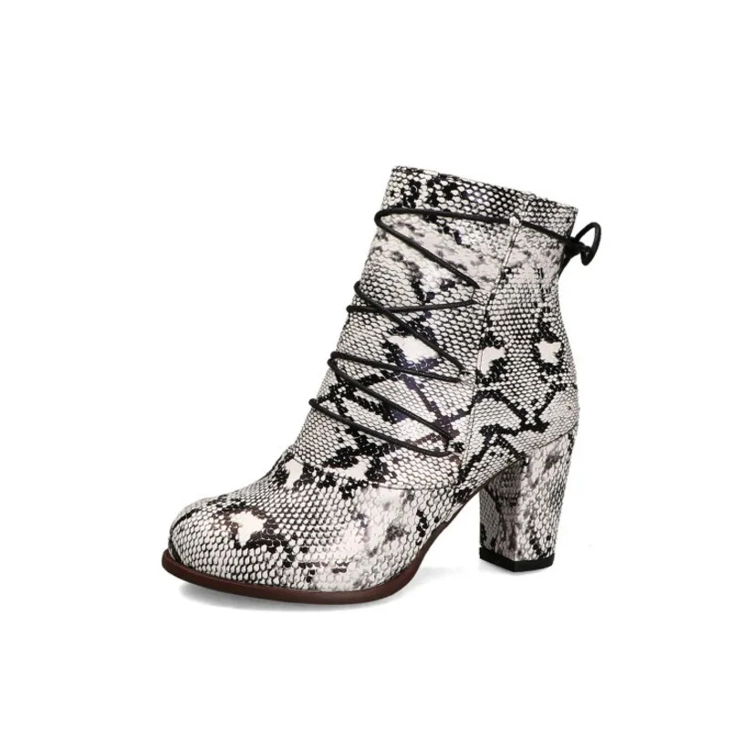 

Women Shoes 2021 Ankle Boots Ladies Leopard Med Heels Winter Fashion Western Booties Leather Lace Up Warm Fur Round Toe Female