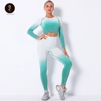 2 pcs set knitted gradient yoga suit girl skinny stretch legging high waist tie feet sport trousers gym workout roupas femininas