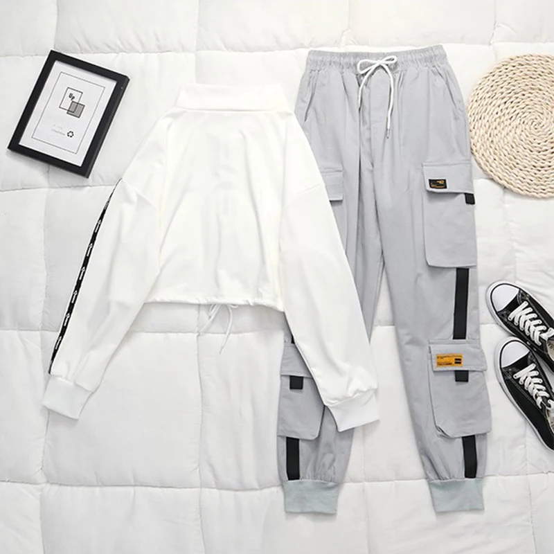 

Spring Summer Women Loose BF Cargo Pants Streetwear Cargo Pants Women Casual Joggers Black High Waist Loose Female Trousers