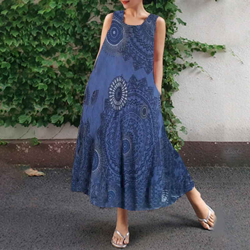 Женское платье праздничные летние без рукавов модные вечерние с круглым вырезом