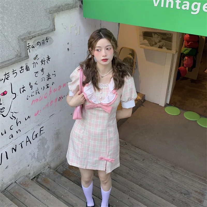 

Japanese Sweet Soft Girly Preppy Style Dress Kawaii Square Collar Lace Bow Cute Puff Sleeve Vintage A-Line Slim Plaid Pink Dress