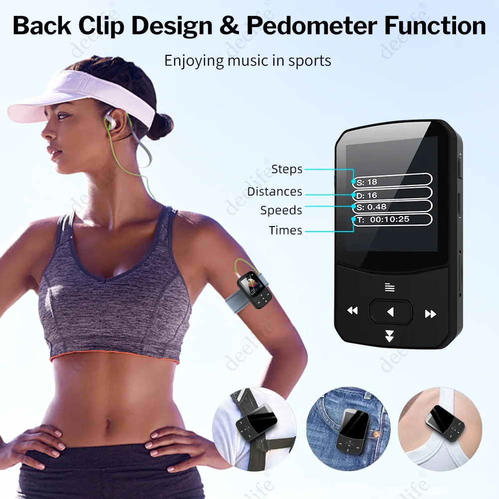 

Deelife Sport Bluetooth MP3 Player for Running with Music Play Armband Portable Clip Pedometer FM Radio TF Recording Mini Mp 3