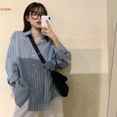 Свободная Повседневная винтажная полосатая синяя рубашка в Корейском стиле с