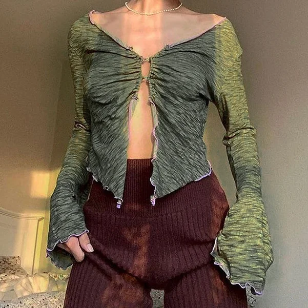 

Y2k Top 2021 Summer Fairy Grunge V-neck Flare Sleeve Ruched Slit Crop Tops 90s Aesthetics Button Green T-shirts Sexy Tee Vintage